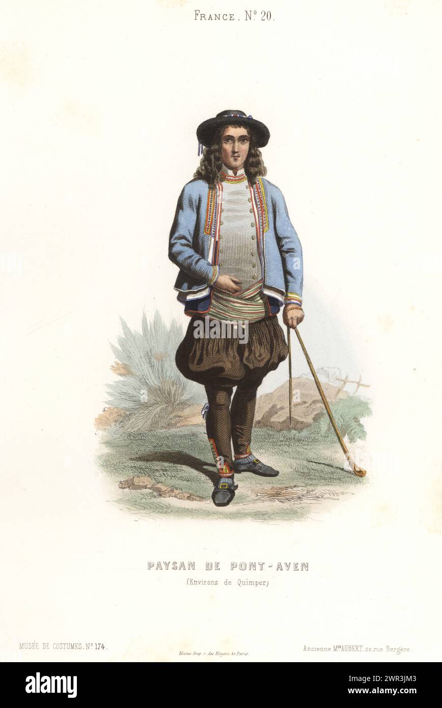 Breton peasant of Pont-Aven, Brittany, France. Man in hat, jacket, waistcoat, sash, bragoù bras or wide breeches, buckle shoes, holding a penn bazh (iron-tipped club). Paysan de Pont-Aven, environs de Quimper, Finistere. Handcoloured steel engraving after an illustration by Celestin Deshayes from Musée Cosmopolite, Musée de Costumes, Cosmopolitan Museum, published by ancienne maison Aubert, Paris, c.1850. Stock Photo