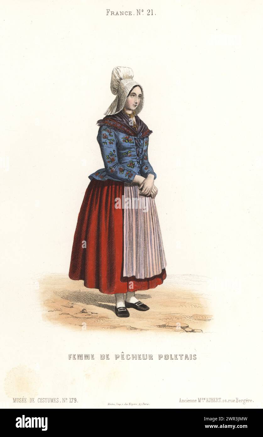 Fishwife of Le Pollet, Dieppe, Normandy, northern France, mid-19th century. In bonnet, fichu, embroidered jacket, full skirts, striped apron, buckle shoes. Femme de Pecheur Poletais. Handcoloured steel engraving from Musée Cosmopolite, Musée de Costumes, Cosmopolitan Museum, published by ancienne maison Aubert, Paris, 1850. Stock Photo