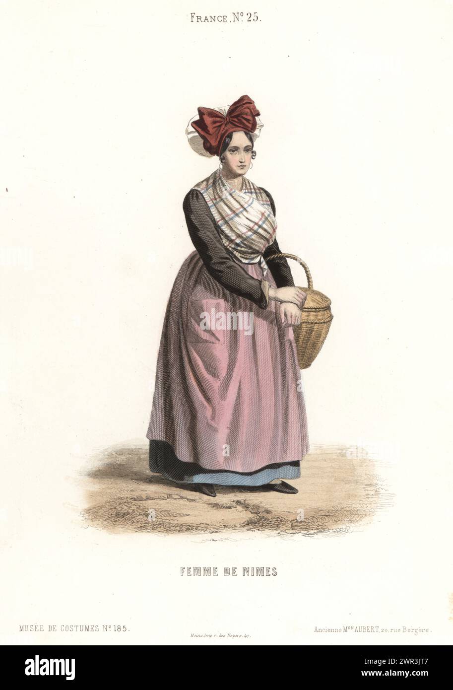Woman of Nimes, Occitanie, southern France. Woman in bonnet with large ribbon tied in a bow, checkered fichu, cotton jacket, skirts, apron with pockets, holding a wicker basket. Femme de Nimes. Handcoloured steel engraving from Musée Cosmopolite, Musée de Costumes, Cosmopolitan Museum, published by ancienne maison Aubert, Paris, 1850. Stock Photo