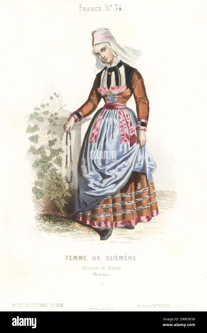 Woman of Guéméné, near Pontivy, Brittany. Woman in Sunday best holding a rosary near a church. In coiffe headdress with lace tails, bodice decorated with ribbons and pearls, banded skirts and blue apron. Femme de Guéméné, environs de Pontivy, Morbihan. Handcoloured steel engraving after an illustration by Celestin Deshayes from Musée Cosmopolite, Musée de Costumes, Cosmopolitan Museum, published by ancienne maison Aubert, Paris, 1850. Stock Photo