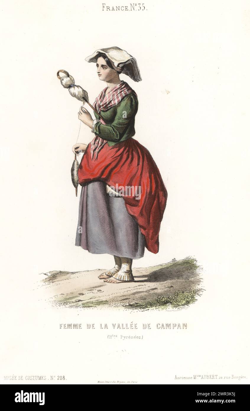 Woman of the Campan Valley, French Pyrenees. In folded headdress, striped fichu, jacket, skirts, gaiters and barefeet, spinning yarn with distaff and spindle. Femme de la Vallee de Campan, Hautes Pyrenees. Handcoloured steel engraving by Laurent Guerdet from Musée Cosmopolite, Musée de Costumes, Cosmopolitan Museum, published by ancienne maison Aubert, Paris, 1850. Stock Photo