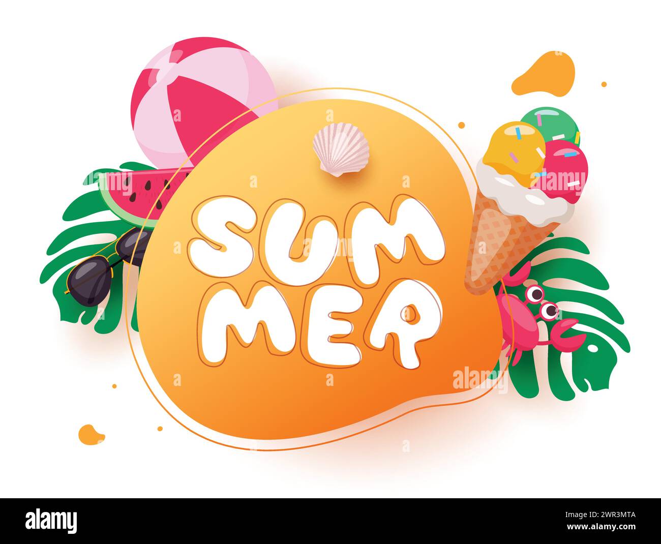 Summer text greeting vector template. Summer typography in yellow space ...