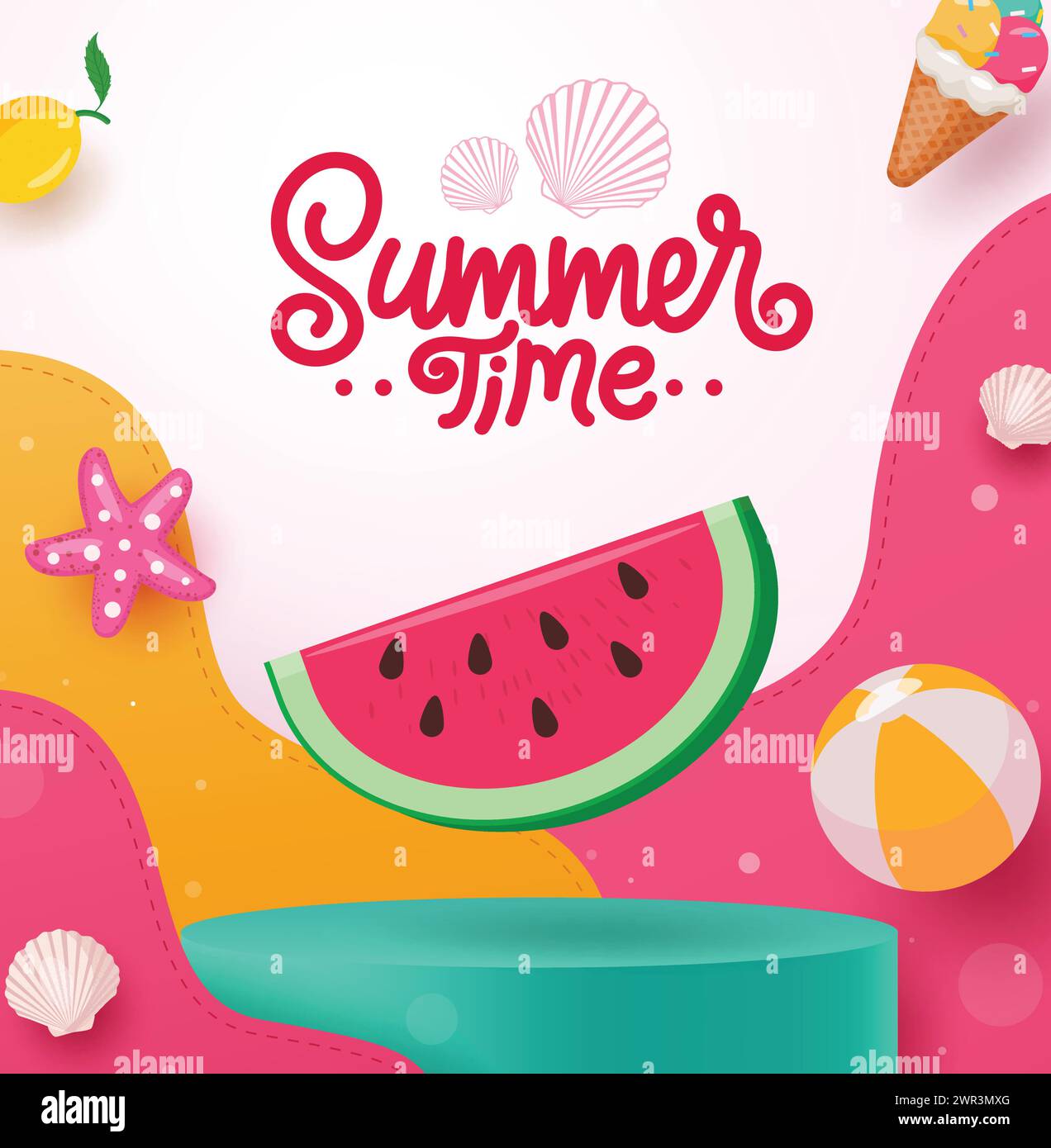 Summer time text vector poster. Summer time greeting with cute watermelon fruit elements in podium stage for product presentation design. Vector Stock Vector