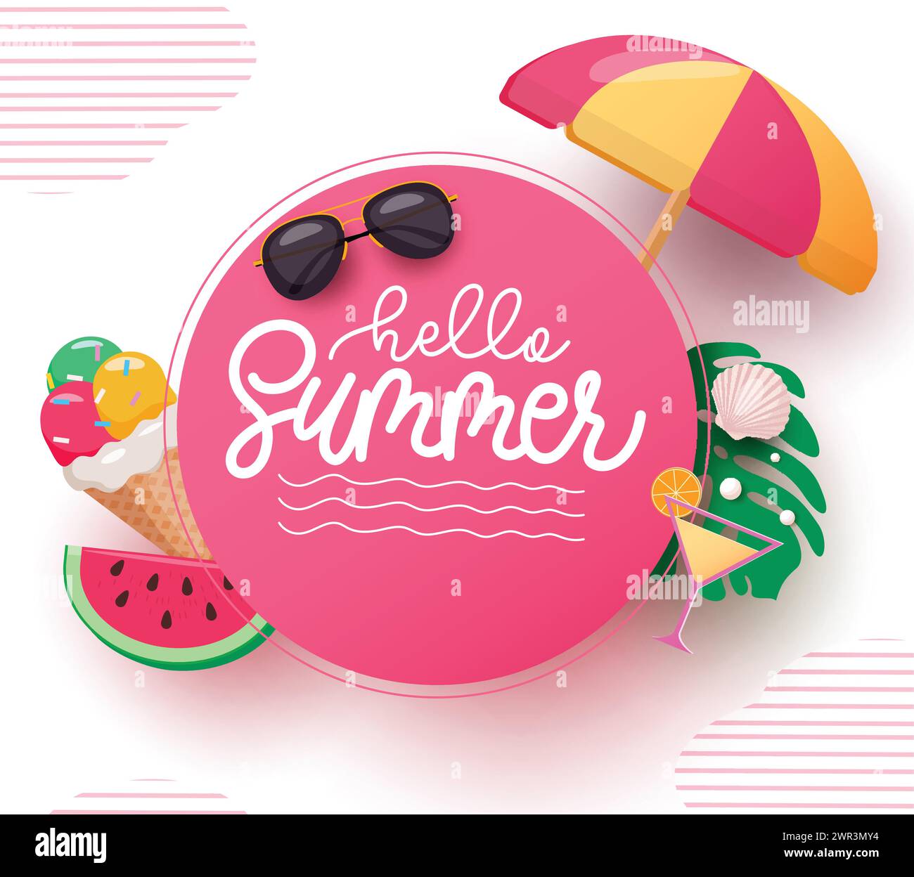 Summer hello text greeting vector template. Hello summer greeting in pink circle space with sunglasses, umbrella, ice cream and watermelon cute Stock Vector