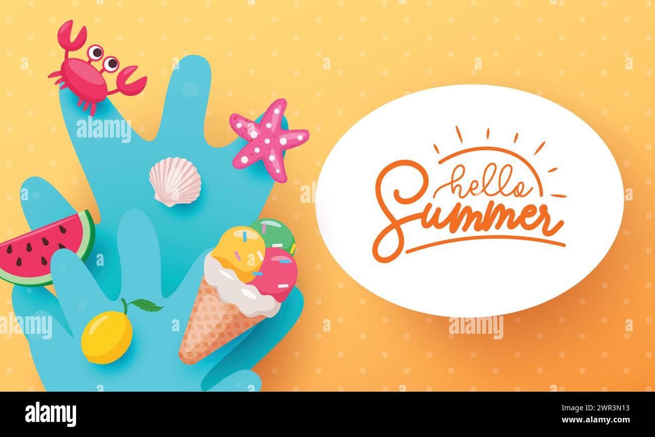 Hello summer text vector template. Summer hello greeting text in white space with crab, starfish, ice cream and watermelon beach elements in yellow Stock Vector
