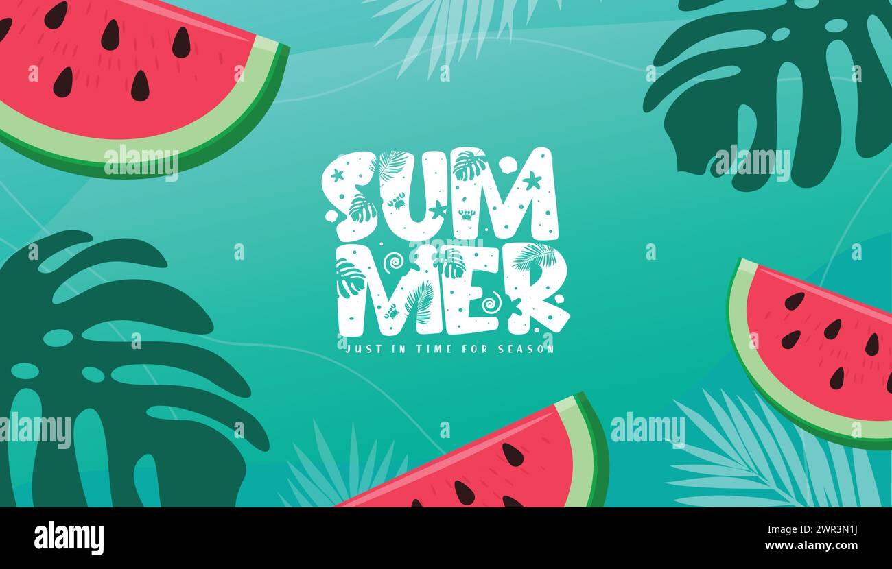 Summer text greeting vector template design. Summer time greeting with monstera leaf, palm leaves and watermelon tropical season background. Vector Stock Vector