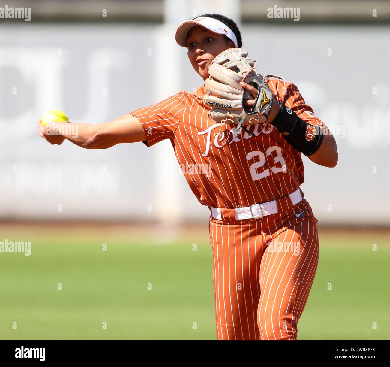 March 10, 2024: Texas infielder Viviana Martinez (23) throws to first base for an out during an NCAA softball game between the Houston Cougars and the Texas Longhorns on March 10, 2024. Texas won, 8-6, and took the series two games to one. (Credit Image: © Scott Coleman/ZUMA Press Wire) EDITORIAL USAGE ONLY! Not for Commercial USAGE! Stock Photo