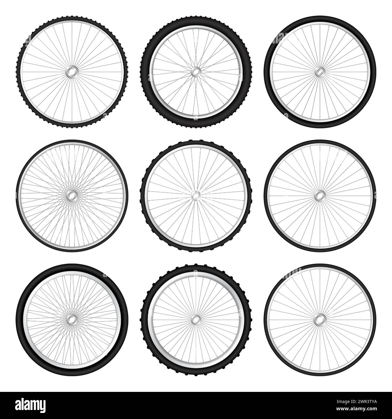 Realistic 3d bicycle wheels. Bike rubber tyres, shiny metal spokes and