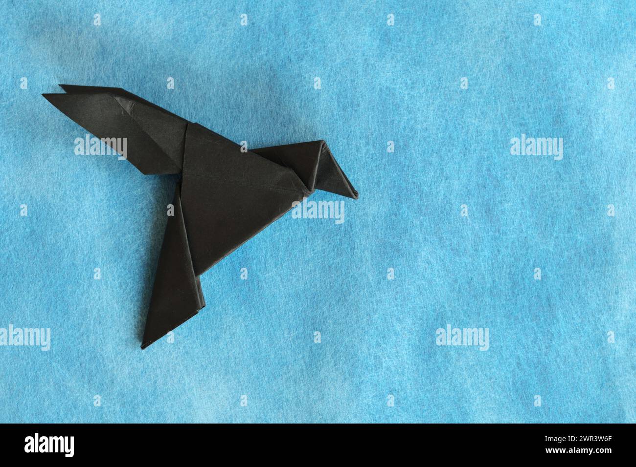 A black paper crow or raven origami isolated in blue background. Stock Photo