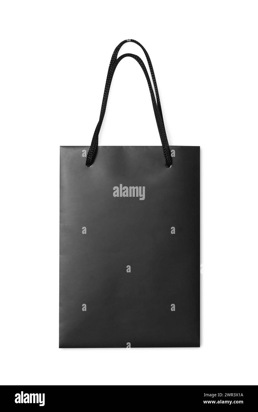 One black paper shopping bag on white background, top view Stock Photo