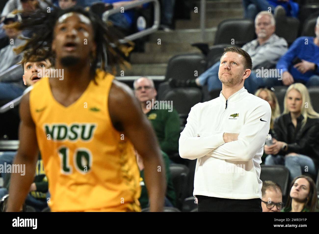 North Dakota State Bison head coach David Richman looks on during an NCAA men's basketball quarter-final between the North Dakota State Bison and the University of St. Thomas Tommies at the Summit League Championships at the Denny Sanford PREMIERE Center in Sioux Falls, SD on Sunday, March 10, 2024. St. Thomas won 68-58.Russell Hons/CSM (Credit Image: © Russell Hons/Cal Sport Media) Stock Photo