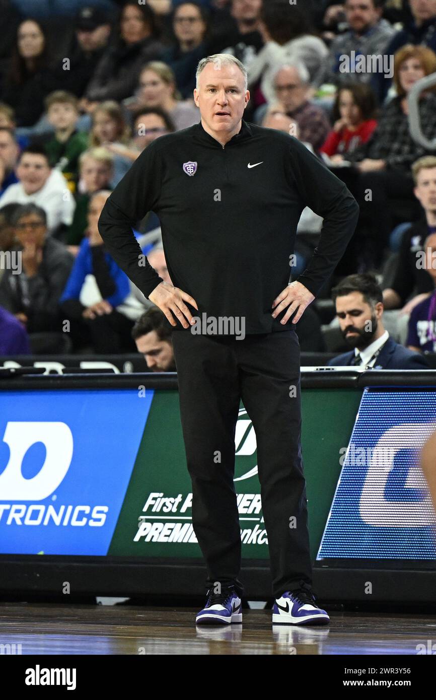 St. Thomas - Minnesota Tommies head coach John Tauer looks on during an NCAA men's basketball quarter-final between the North Dakota State Bison and the University of St. Thomas Tommies at the Summit League Championships at the Denny Sanford PREMIERE Center in Sioux Falls, SD on Sunday, March 10, 2024. St. Thomas won 68-58.Russell Hons/CSM Stock Photo