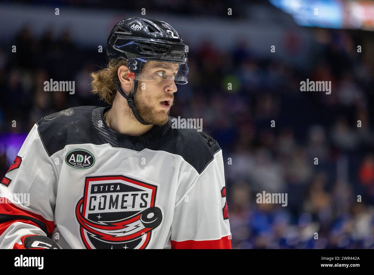 March 10th, 2024: Utica Comets defenseman Michael Vukojevic (2) skates in the second period against the Rochester Americans. The Rochester Americans hosted the Utica Comets in an American Hockey League game at Blue Cross Arena in Rochester, New York. (Jonathan Tenca/CSM) Stock Photo