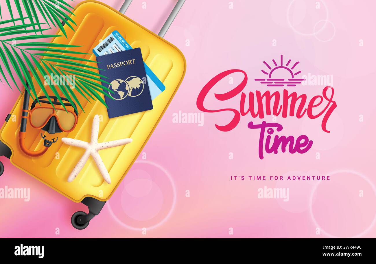 Summer time text vector template design. Summer time greeting in pink space with yellow bag luggage, passport and ticket for holiday season vacation Stock Vector