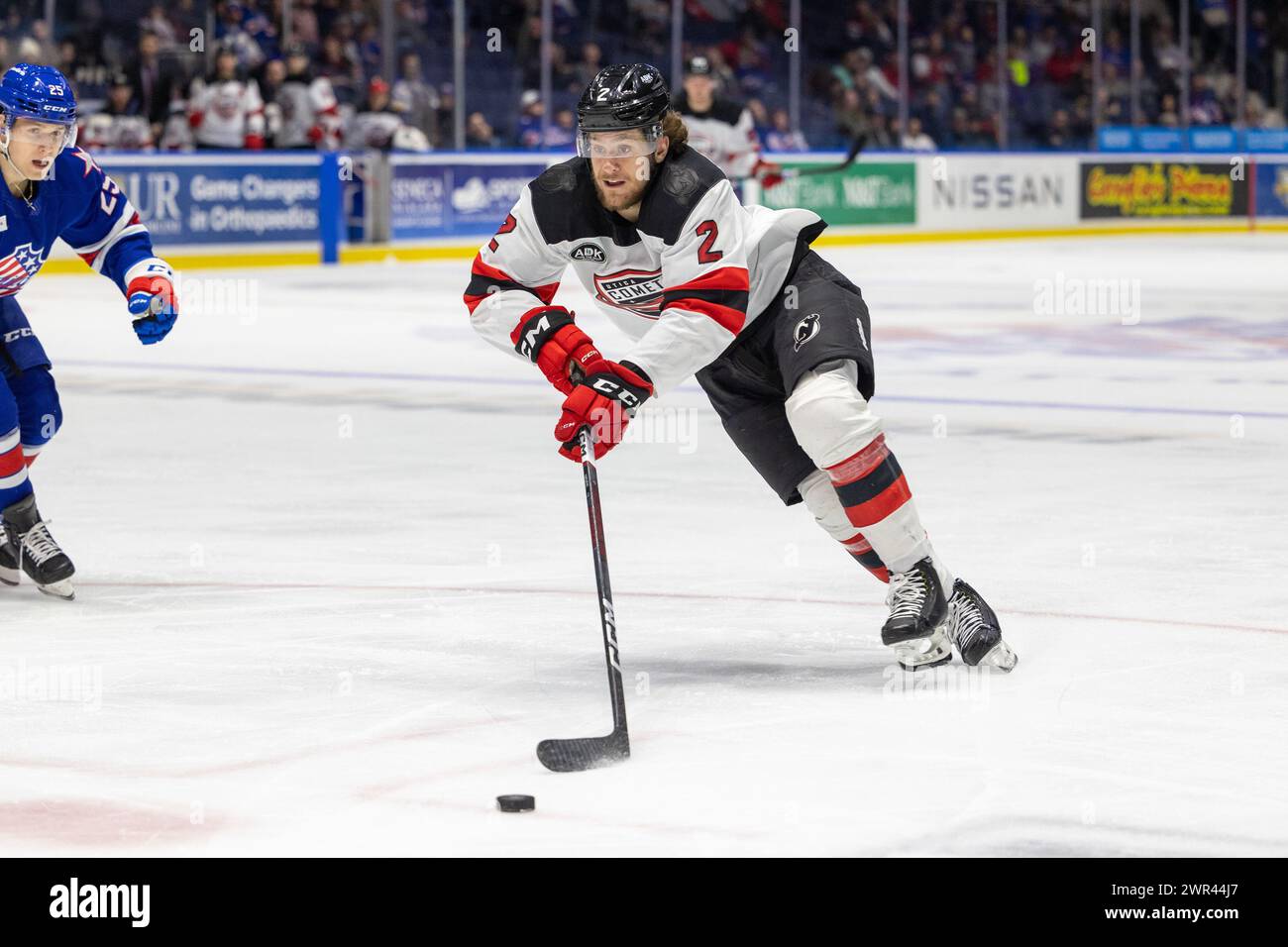 March 10th, 2024: Utica Comets defenseman Michael Vukojevic (2) skates in the third period against the Rochester Americans. The Rochester Americans hosted the Utica Comets in an American Hockey League game at Blue Cross Arena in Rochester, New York. (Jonathan Tenca/CSM) Stock Photo