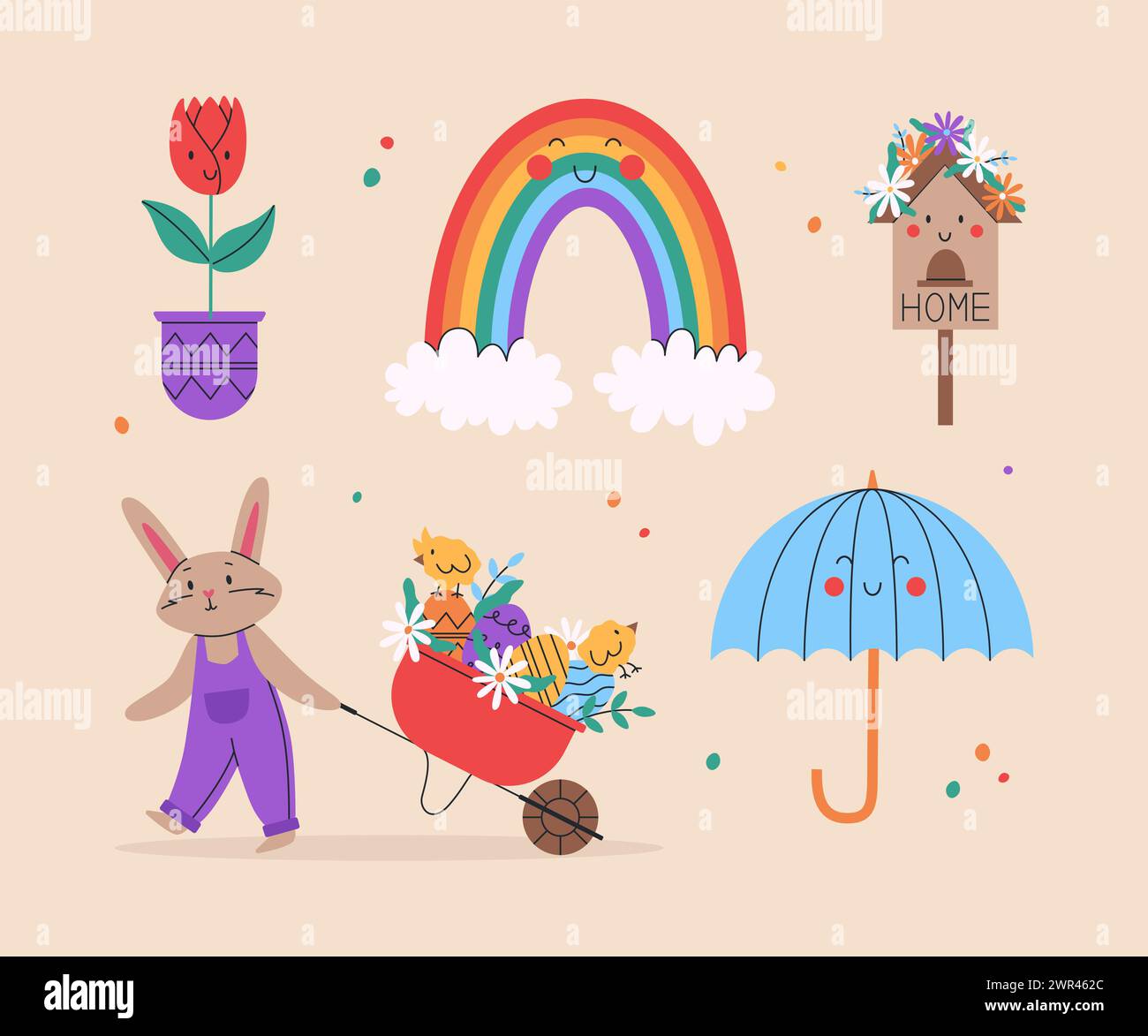 Cute rabbit with wheelbarrow and little chicks. Spring set of cute ...
