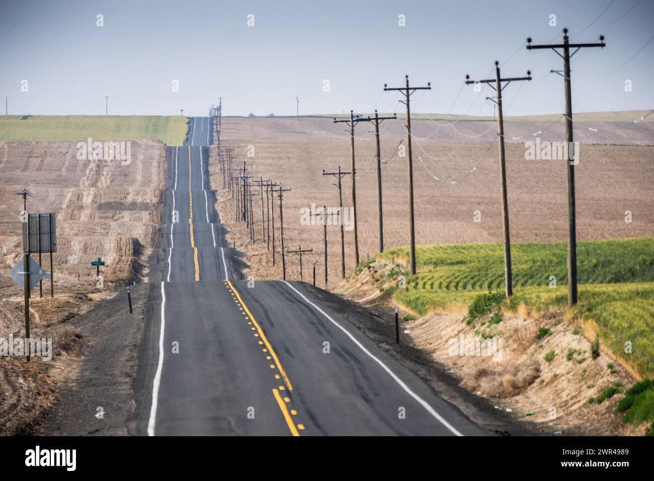 Utility poles line Route 261 south of Ritzville in Eastern Washington, USA. Stock Photo