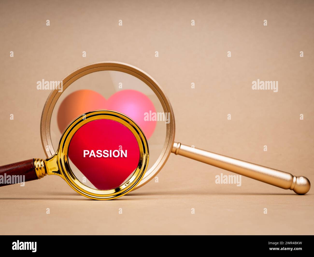 Find your passion concept. Motivation phrase for love, work, life vision, word 'PASSION,' on red heart in middle of two magnifying glass lens, small a Stock Photo