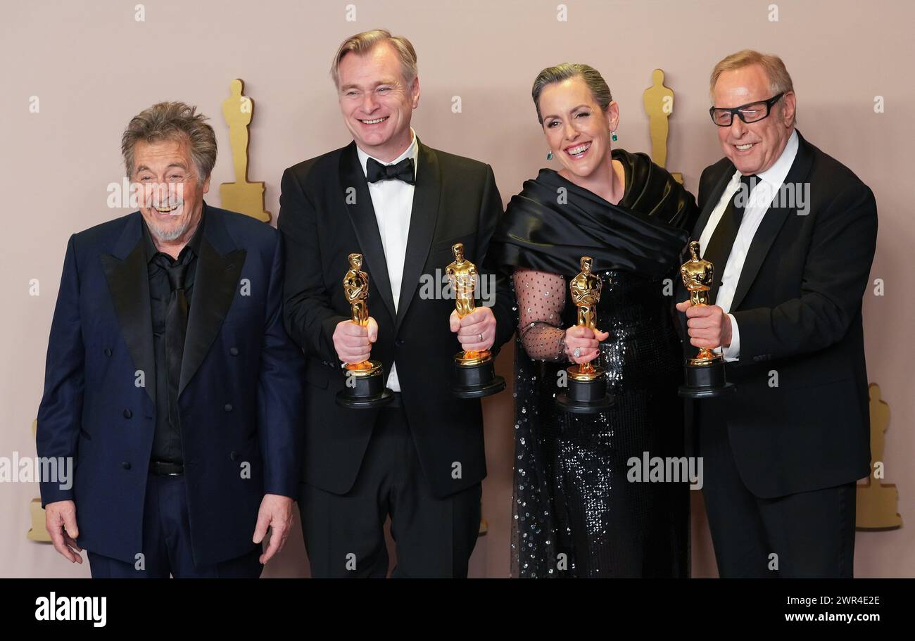 Hollywood, United States. 10th Mar, 2024. Presenter Al Pacino (L), joins Best Picture winners Christopher Nolan, Emma Thompson, and Charles Raven, of 'Oppenheimer,' as they celebrate backstage during the 96th annual Academy Awards in Los Angeles, California, on Sunday, March 10, 2024. Since 1929, the Oscars have recognized excellence in cinematic achievements. Photo by Pat Benic/UPI Credit: UPI/Alamy Live News Stock Photo