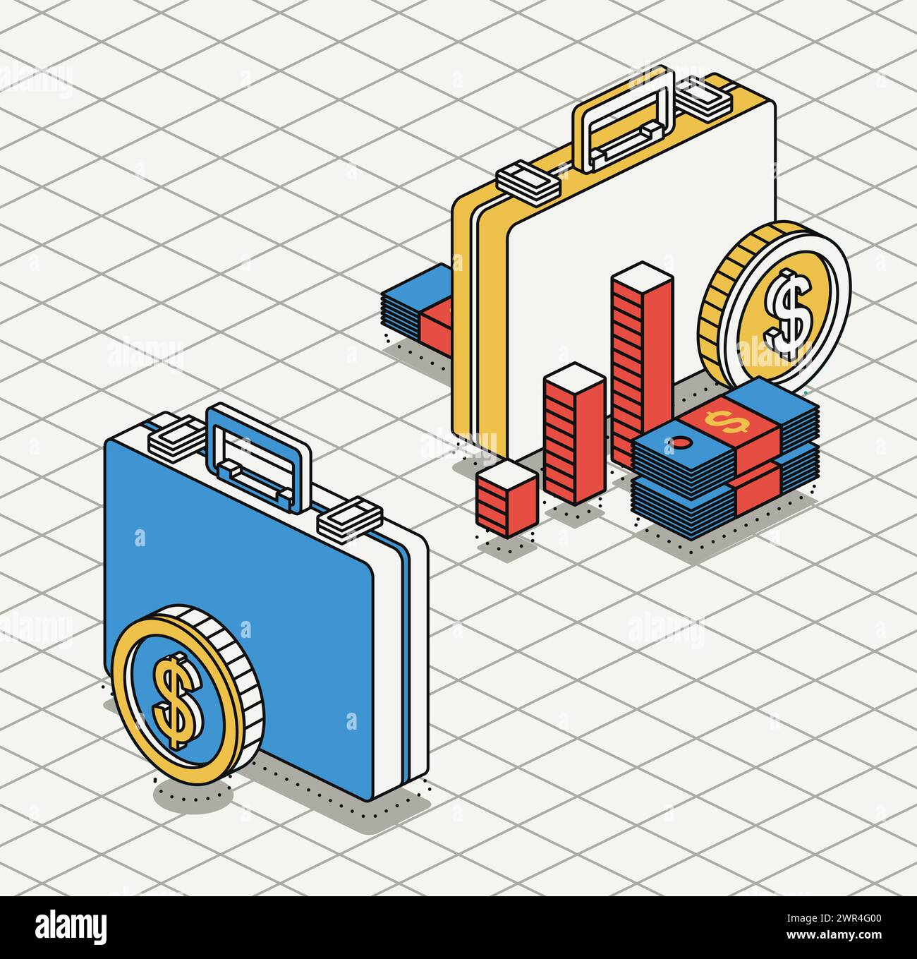 Business briefcase with columns, dollar coin and stack of dollars ...