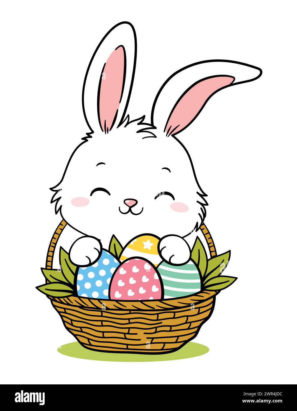 Cute White Little Easter Bunny Rabbit On Egg Basket Stock Vector Image ...