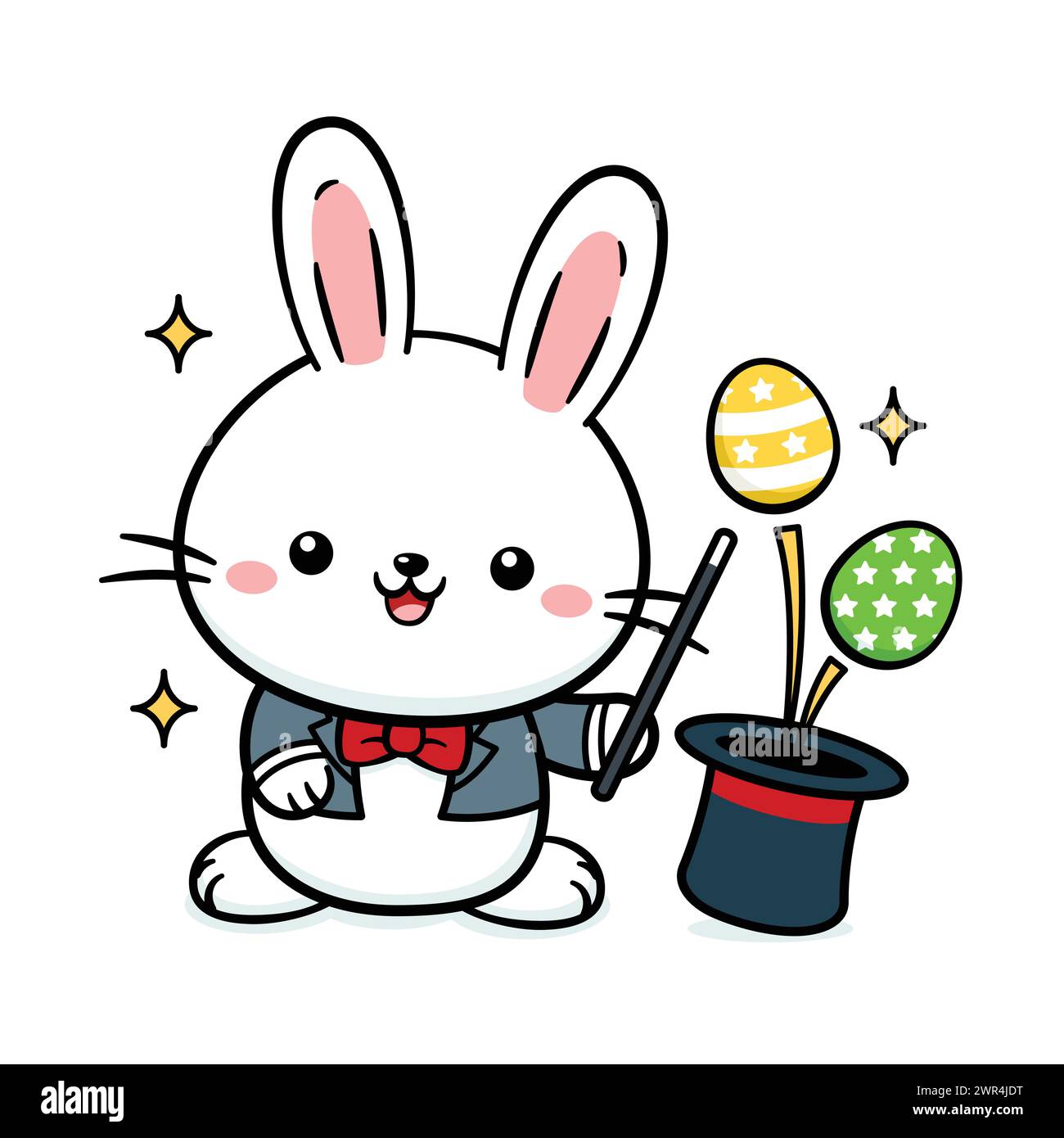 Cute White Baby Easter Bunny Rabbit Magician With Eggs Stock Vector