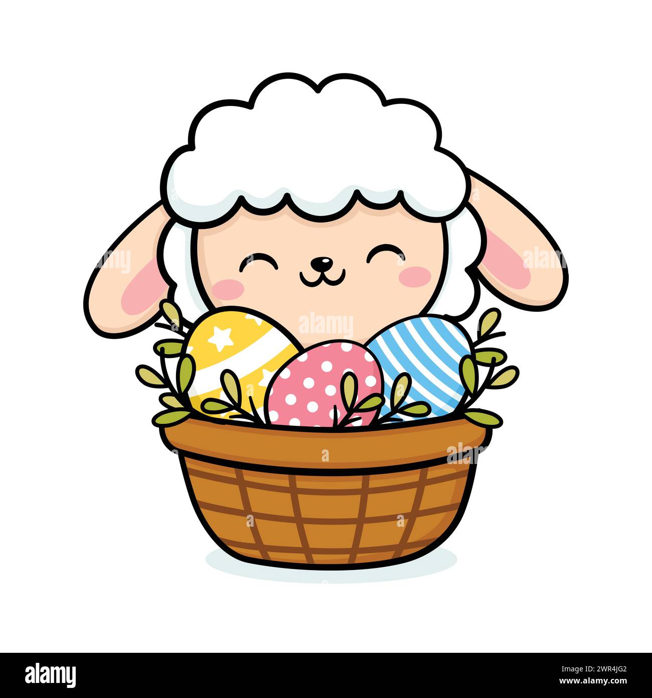 Cute Easter Sheep Character With Eggs In A Basket Stock Vector Image