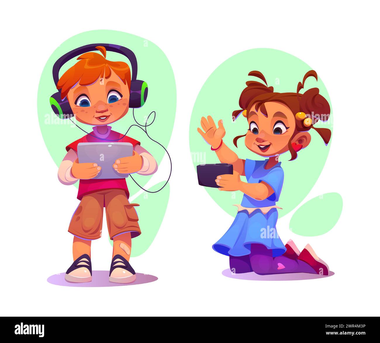 Kids using gadgets isolated on white background. Vector cartoon illustration of girl having video call on smartphone, boy in earphones playing game on tablet, smart technology for education and fun Stock Vector