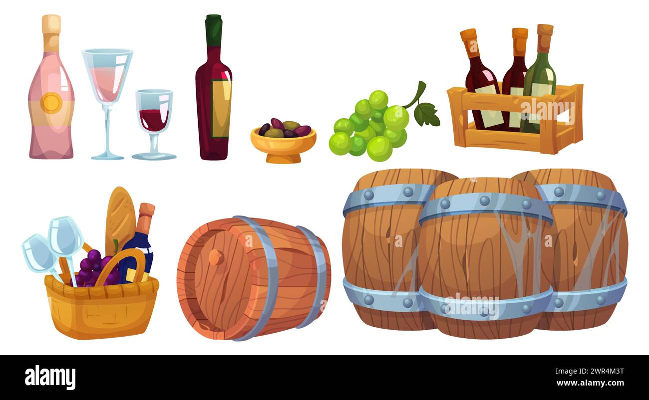 Wine storage and drinking. Cartoon vector illustration set of grape alcohol drink elements - aged wooden oak barrels and box, bottles and glasses with red wine and pink champagne, olives and fruits. Stock Vector