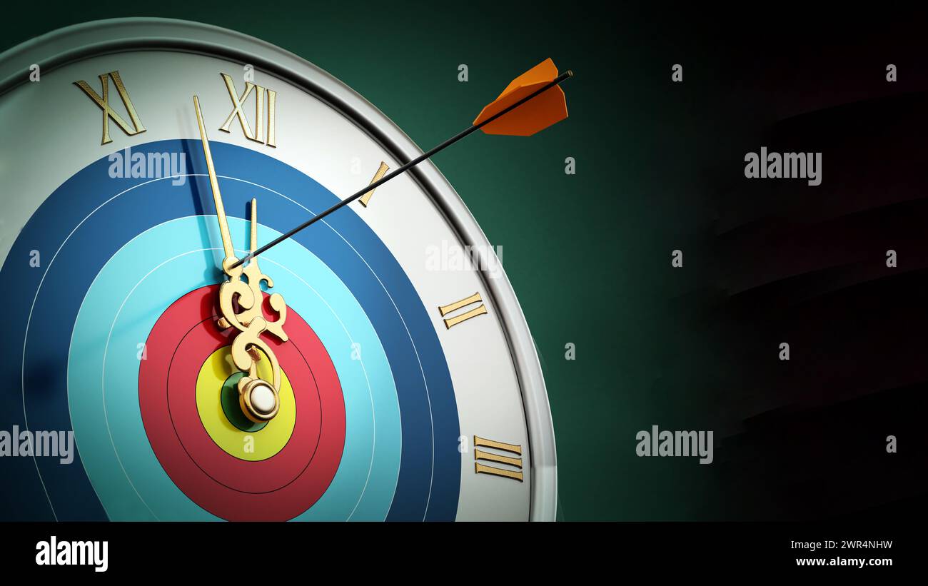 Arrow hit at clock hand stopping the time. 3D illustration. Stock Photo