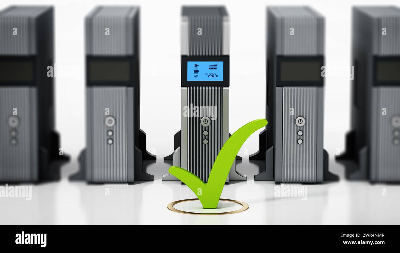 Uninterruptible power supply UPS with green checkmark stands out. 3D illustration. Stock Photo