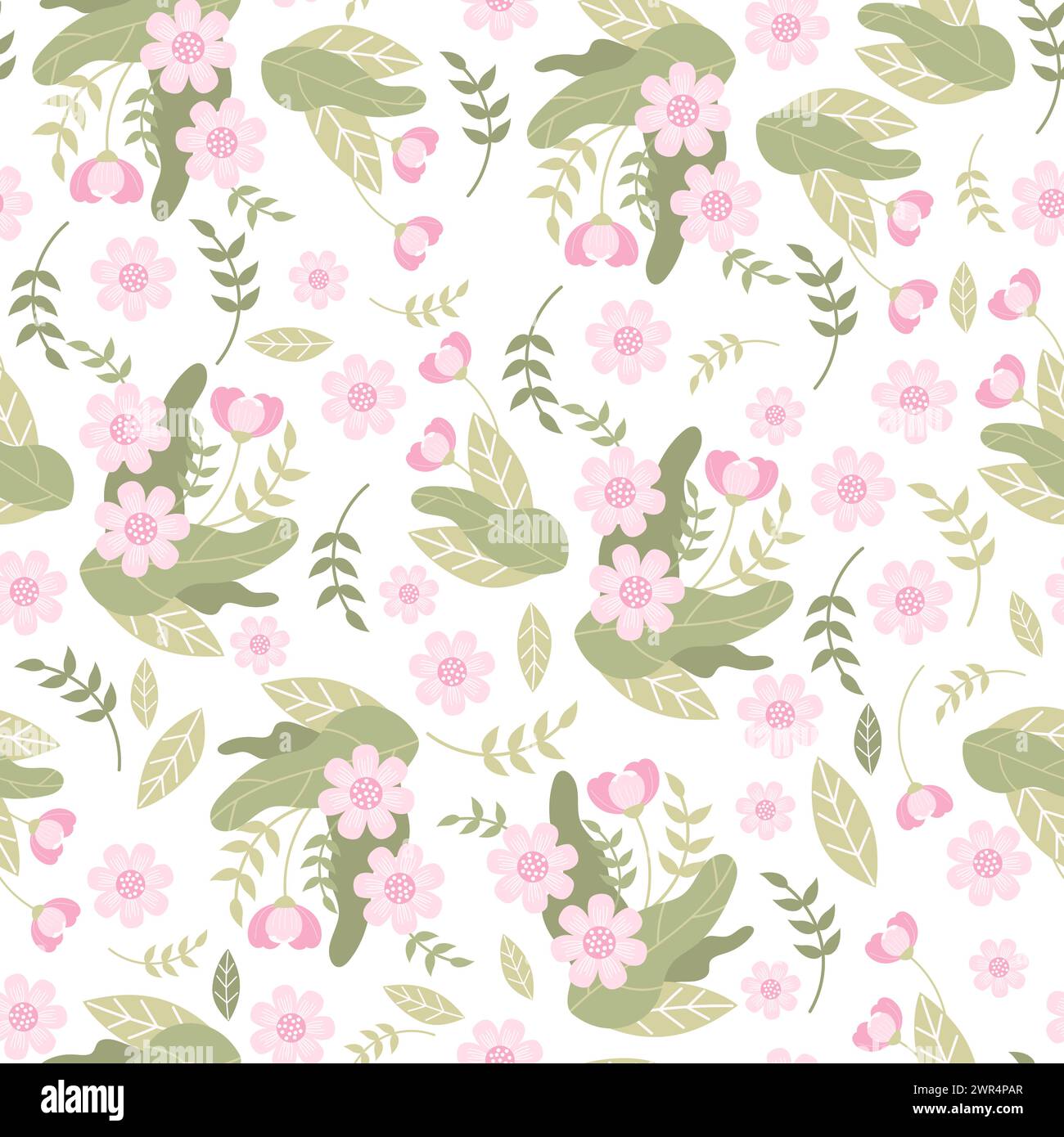 Floral seamless pattern. Gently pink flowers and leaves on white ...