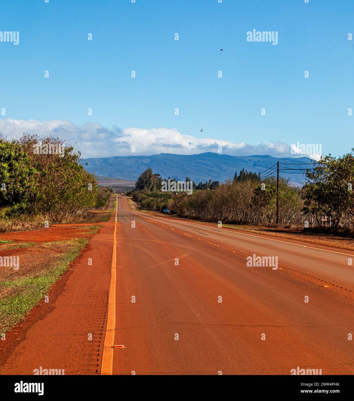 Main road on Molokai, Hawaii.  Red dirt or laterite soil covers the road, resulting from ancient volcanoes. Stock Photo