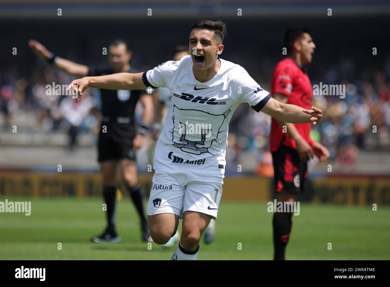 Mexico City, Mexico. 10th Mar, 2024. March 10, 2024, Mexico City, Mexico: Rodrigo Lopez of Pumas UNAM, celebrates after scoring the goal during the 11th round match between Pumas UNAM and Tijuana as part of the Clausura Tournament 2024 of Liga MX at University Olympic Stadium. on March 10, 2024 in Mexico City, Mexico. (Photo by Ismael Rosas/ Eyepix Group/Sipa USA) Credit: Sipa USA/Alamy Live News Stock Photo