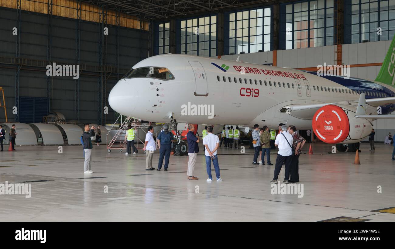 Jakarta. 10th Mar, 2024. This photo taken on March 10, 2024 shows a Chinese airplane C919 ...