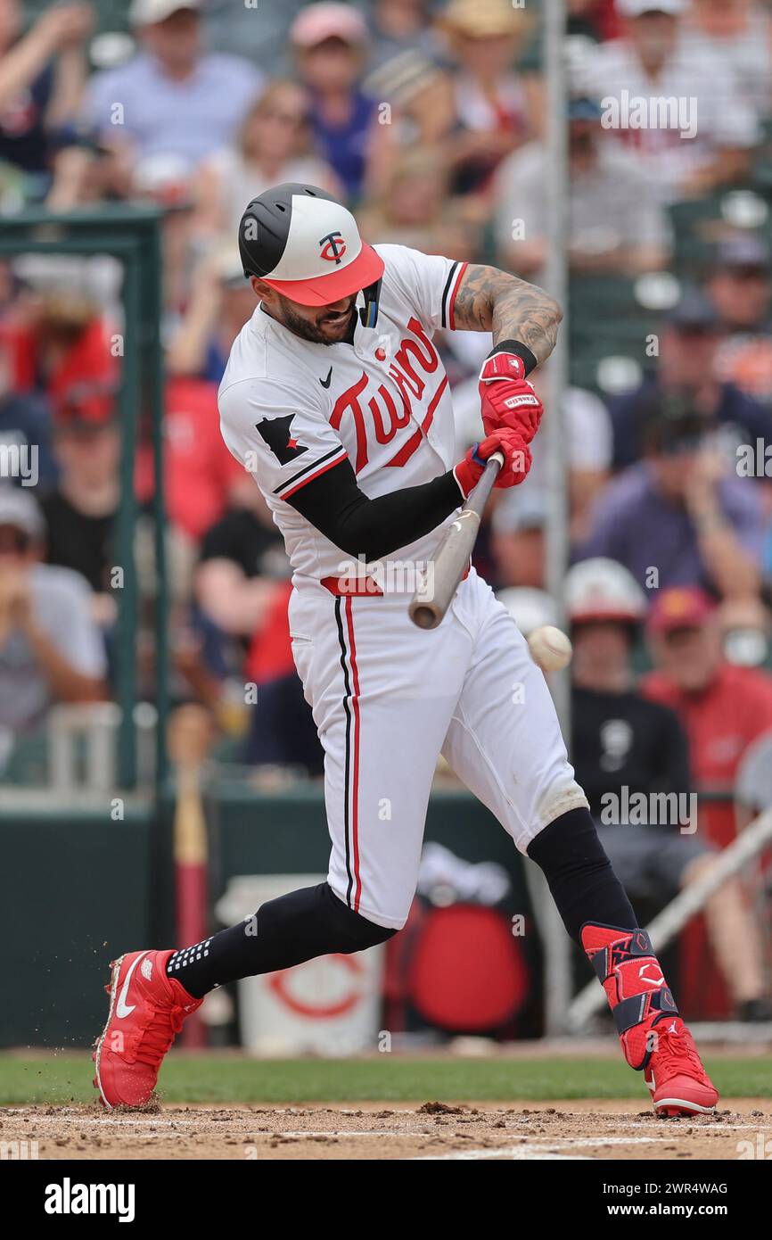 Fort Myers, FL: Minnesota Twins shortstop Carlos Correa (4) hits into a ...