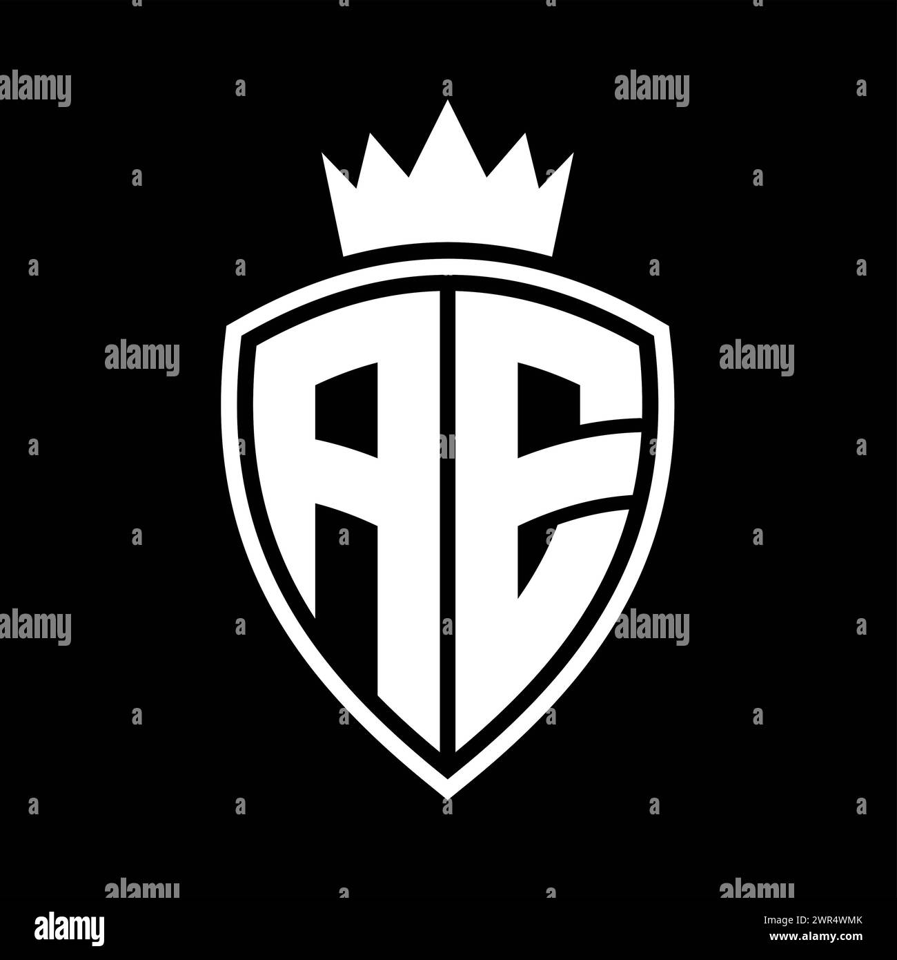 AE Letter bold monogram with shield and crown outline shape with black ...