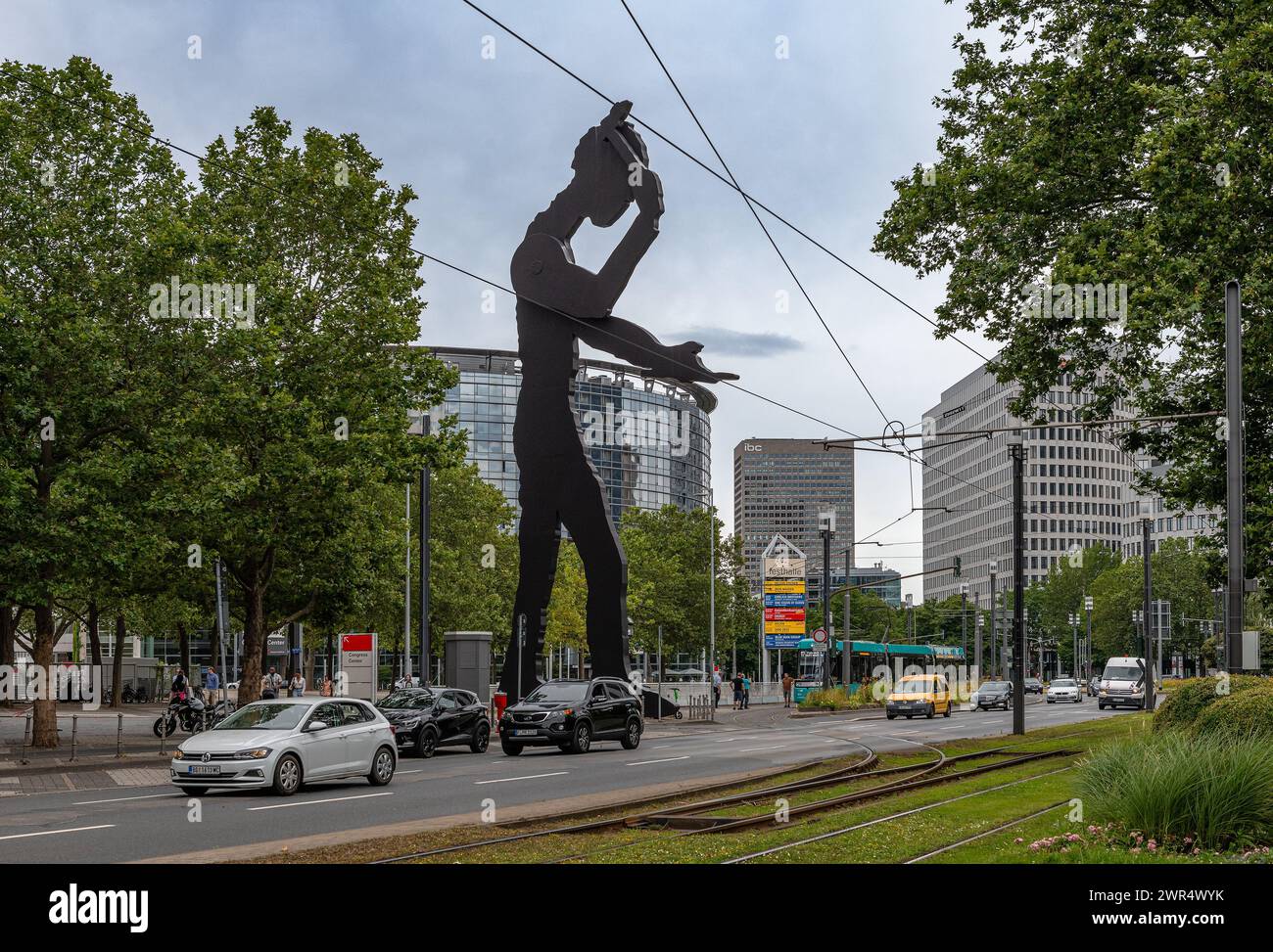 The Hammering Man, sculpture in front of the Messeturm in Frankfurt, Hesse, Germany Stock Photo