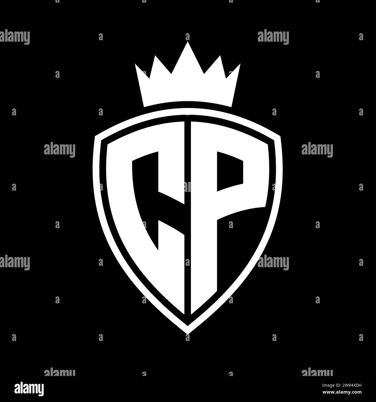 CP Letter bold monogram with shield and crown outline shape with black ...