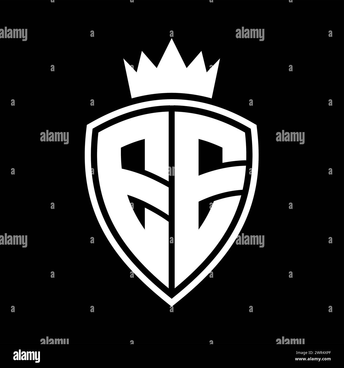 EE Letter bold monogram with shield and crown outline shape with black ...