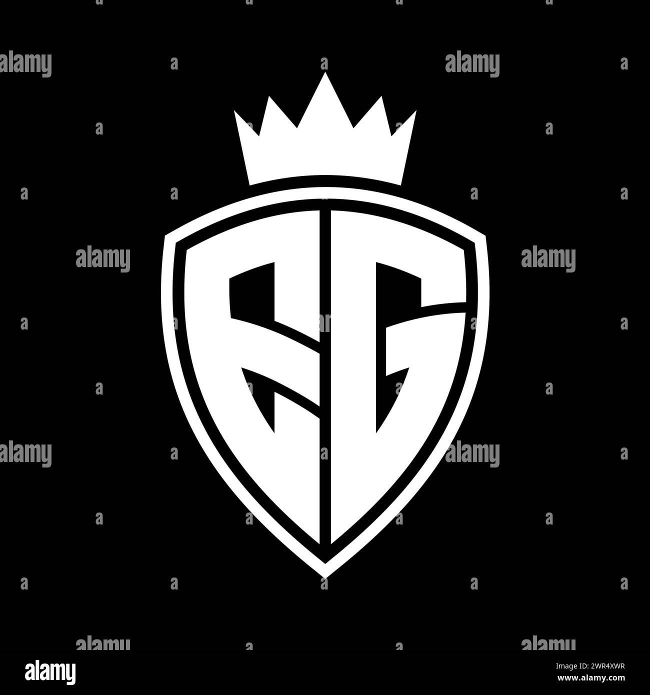 EG Letter bold monogram with shield and crown outline shape with black ...