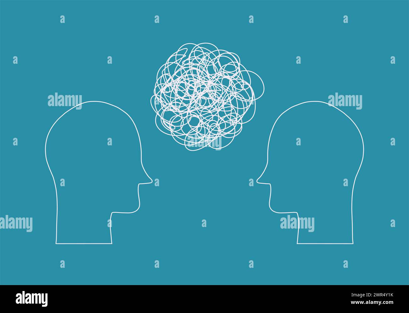 Two heads of people with confused thoughts in their heads are talking ...