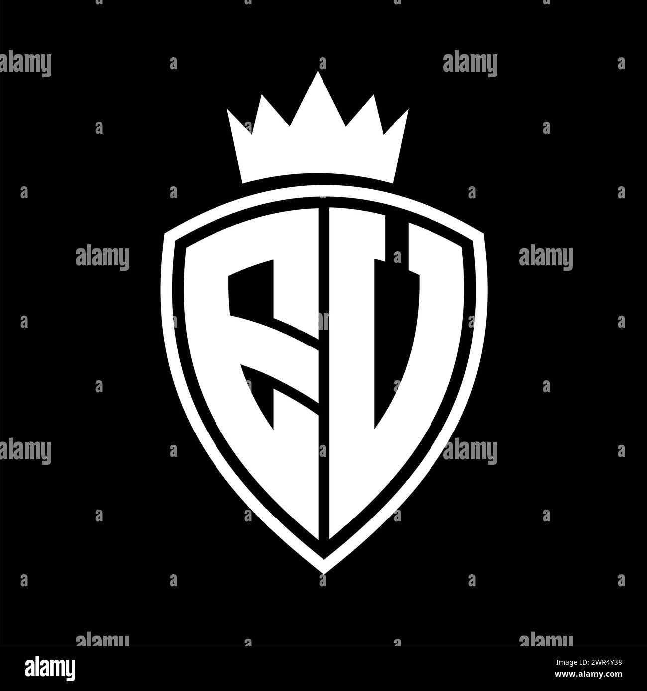 EV Letter bold monogram with shield and crown outline shape with black ...