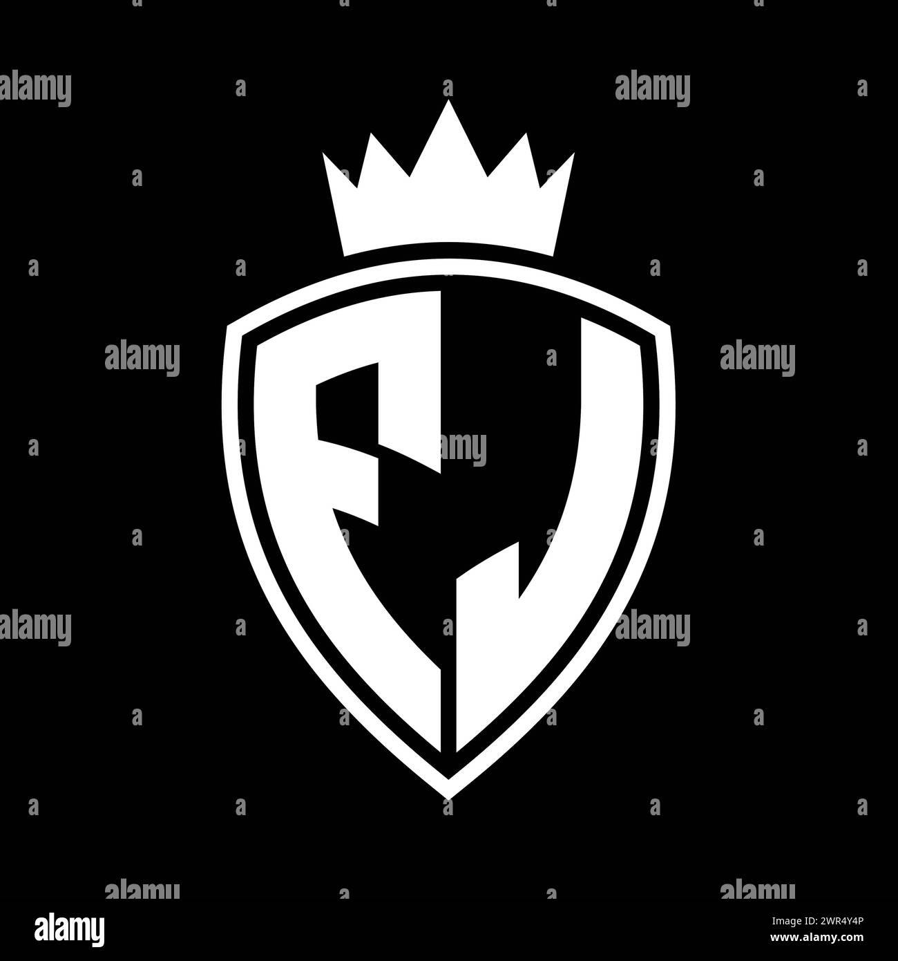FJ Letter bold monogram with shield and crown outline shape with black ...