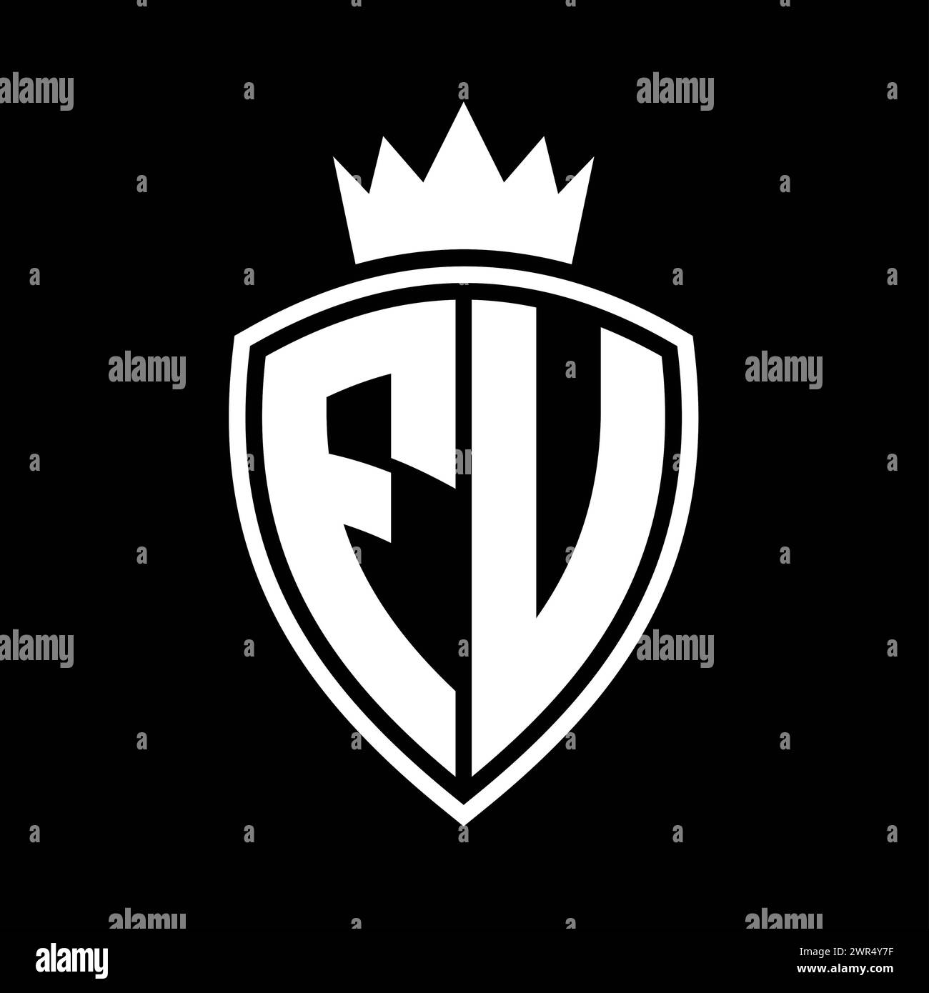 FU Letter bold monogram with shield and crown outline shape with black ...