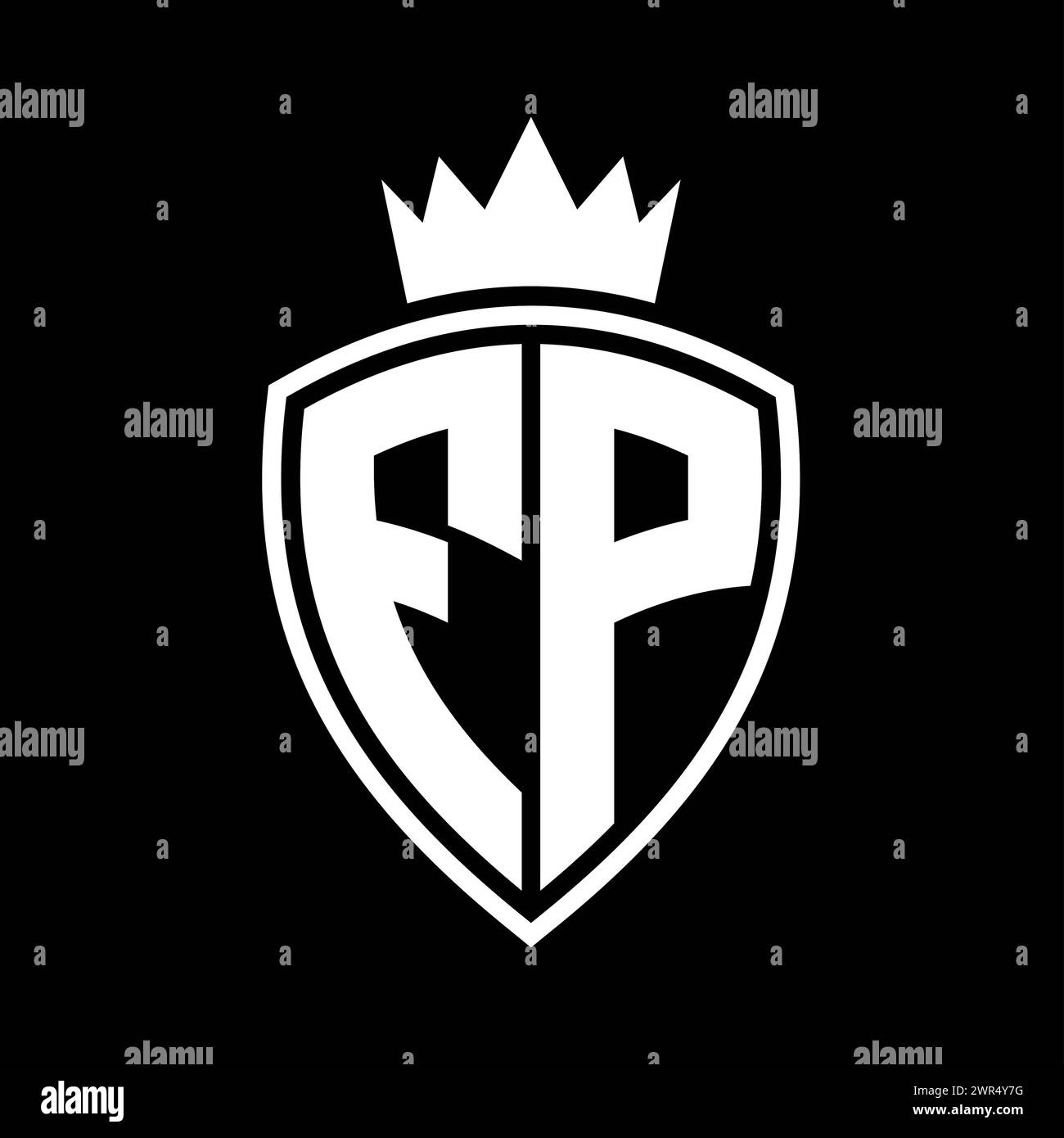 FP Letter bold monogram with shield and crown outline shape with black ...