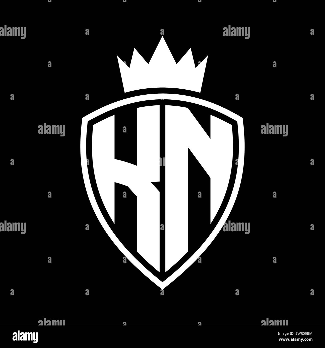 KN Letter bold monogram with shield and crown outline shape with black ...