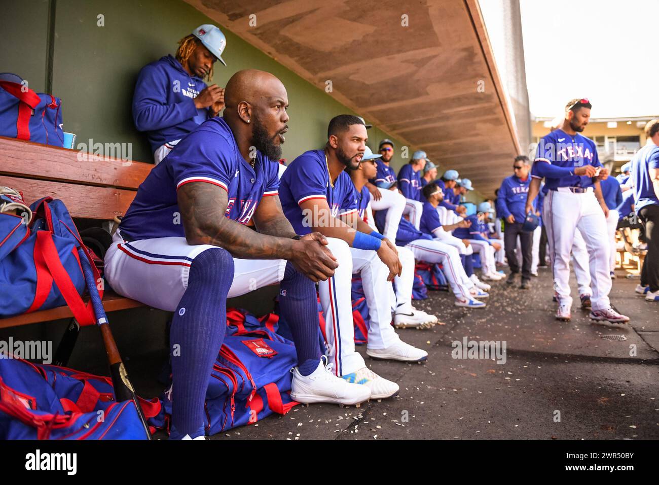 Texas Rangers right fielder Adolis Garcia (53) and center fielder Leody ...