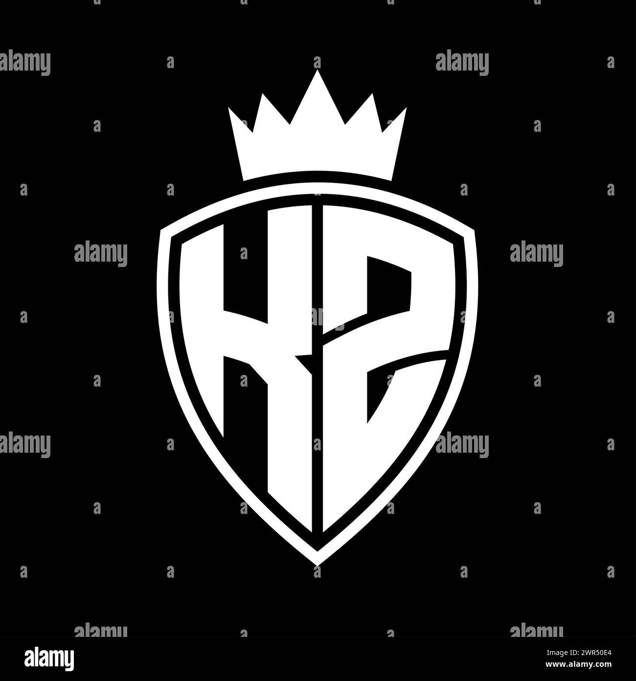KZ Letter bold monogram with shield and crown outline shape with black ...