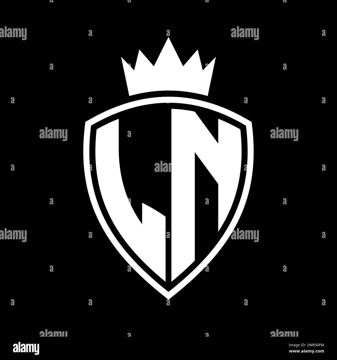 LN Letter bold monogram with shield and crown outline shape with black ...